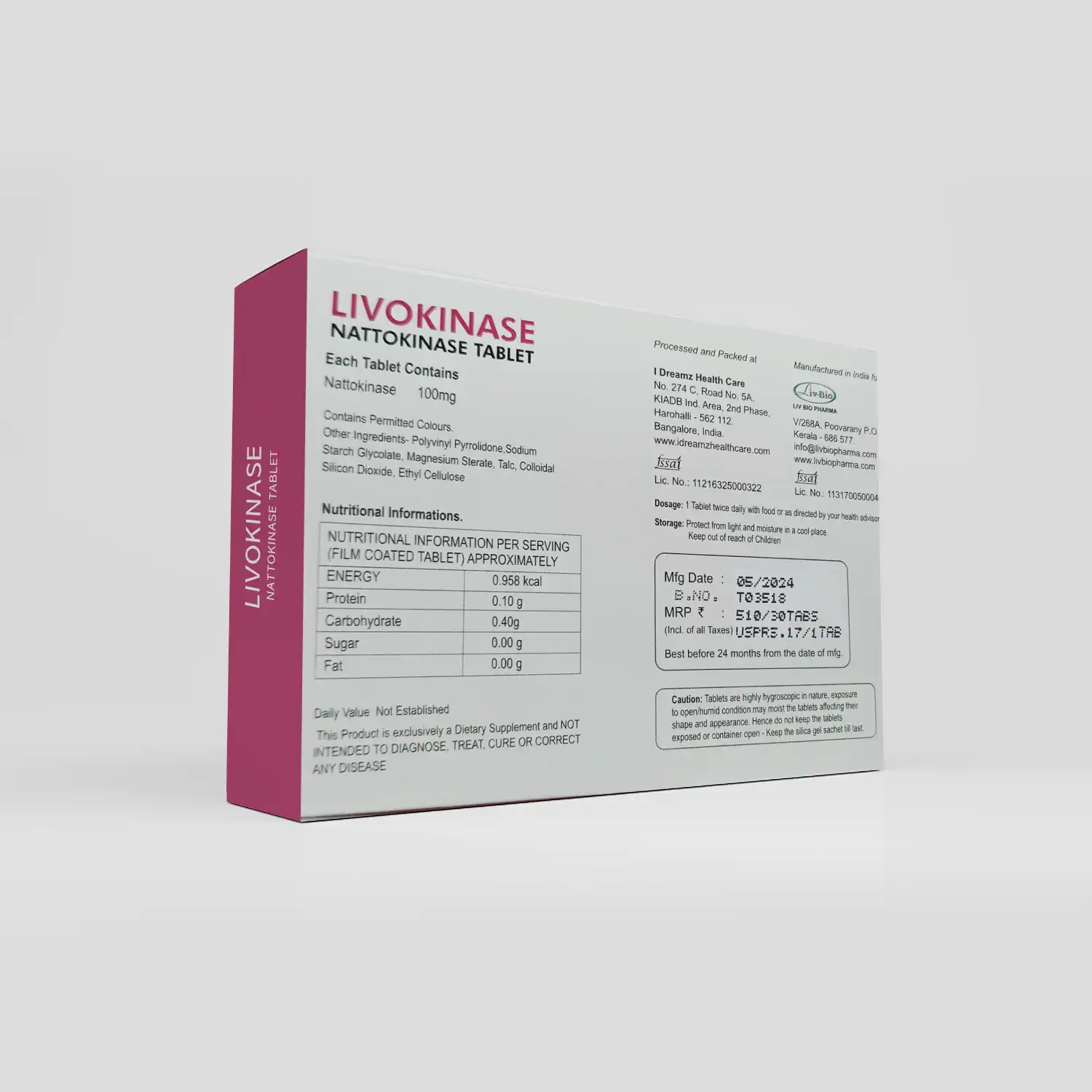 LivBio Livokinase, Nattokinase, Veg, 30 Tablets