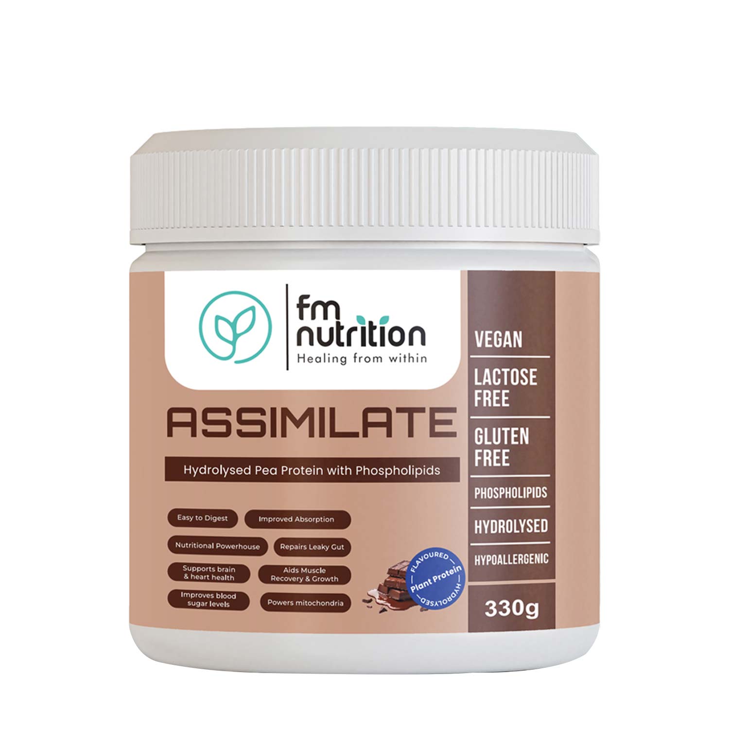 FM Nutrition Assimilate Vegan Protein, Hydrolysed Plant Protein, Chocolate Flavour (330 Grams)