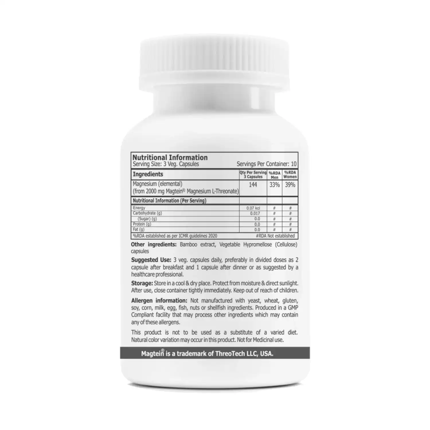 SAFETIME Magtein magnesium L-Threonate, 30 Veg Capsules