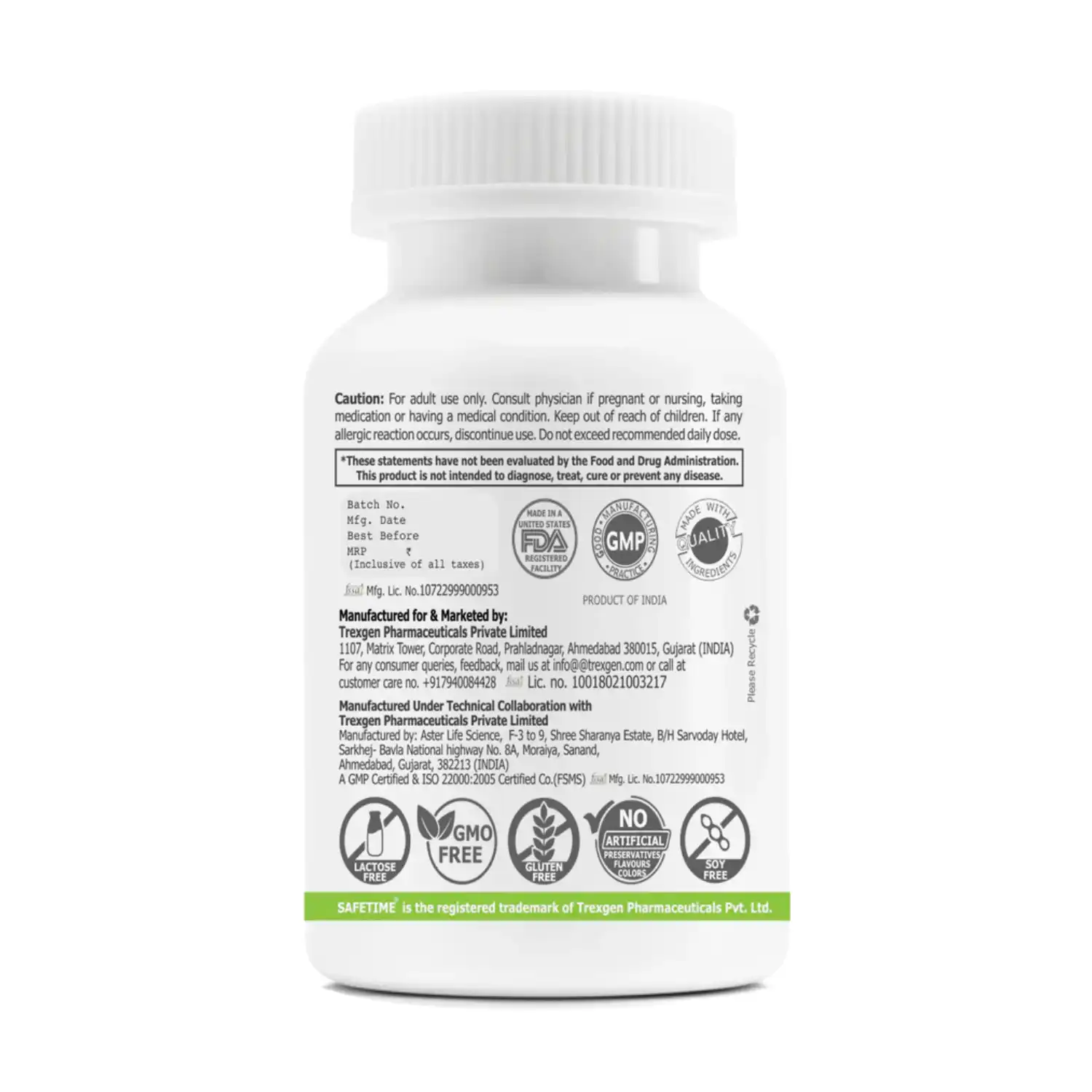 SAFETIME Magtein magnesium L-Threonate, 30 Veg Capsules