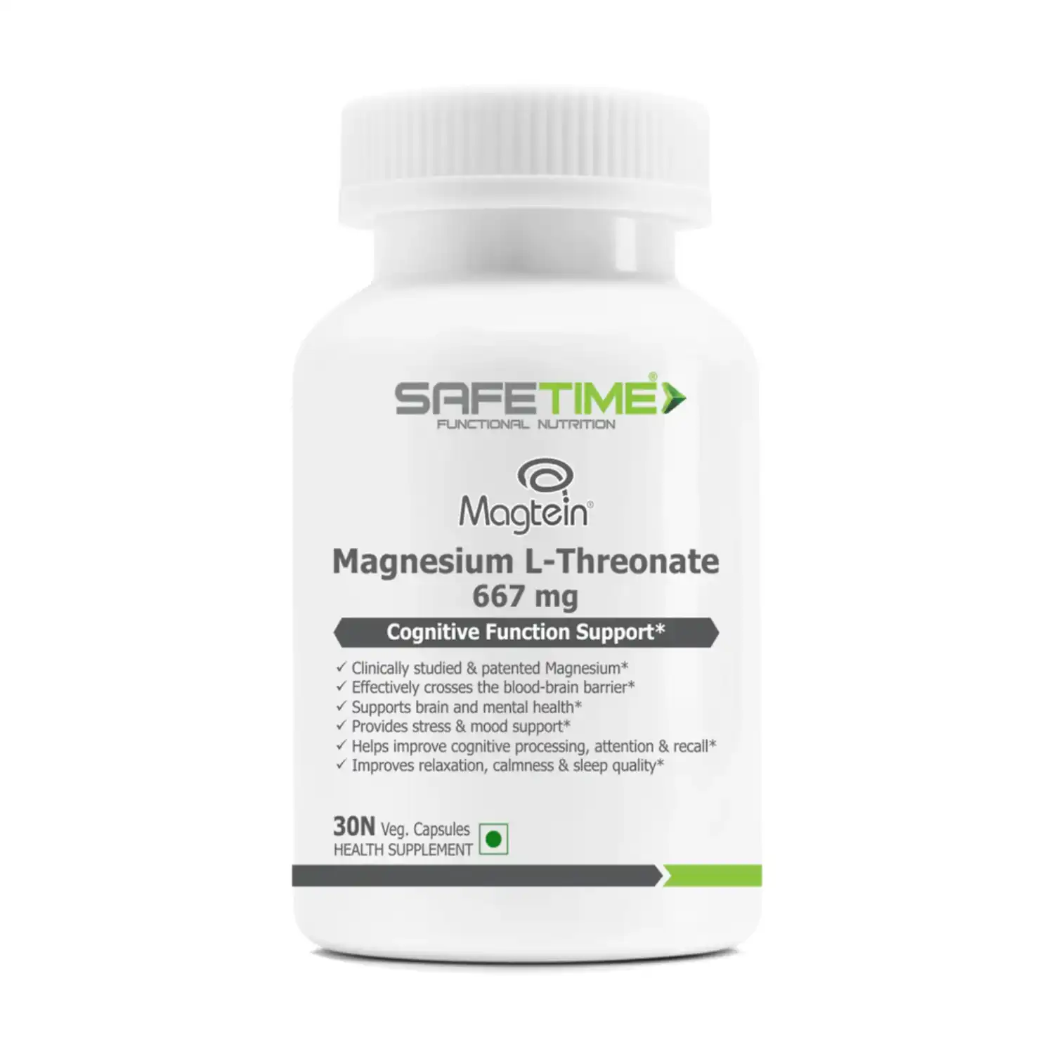 SAFETIME Magtein magnesium L-Threonate, 30 Veg Capsules