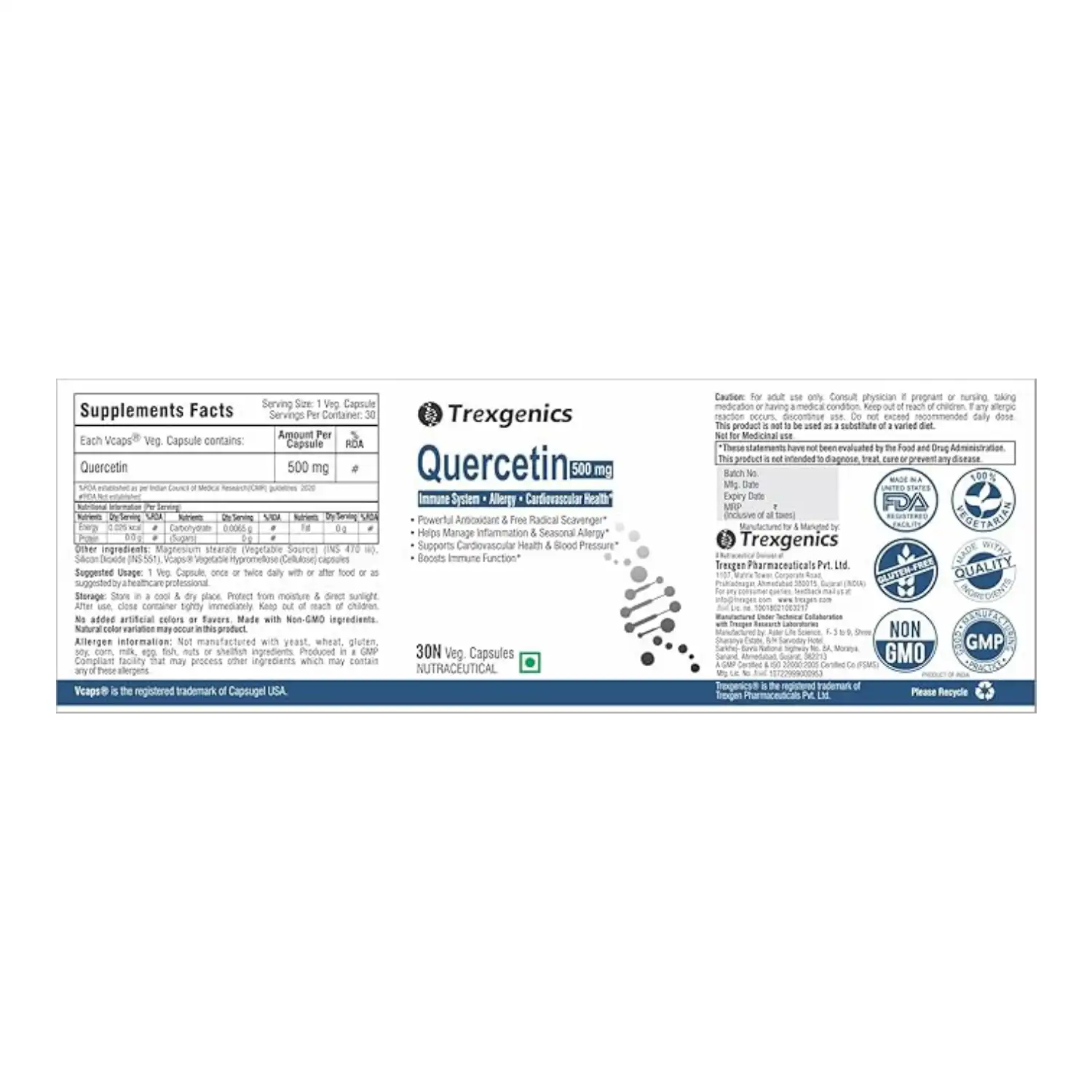 Trexgenics Quercetin 500mg, 60 Veg Capsules